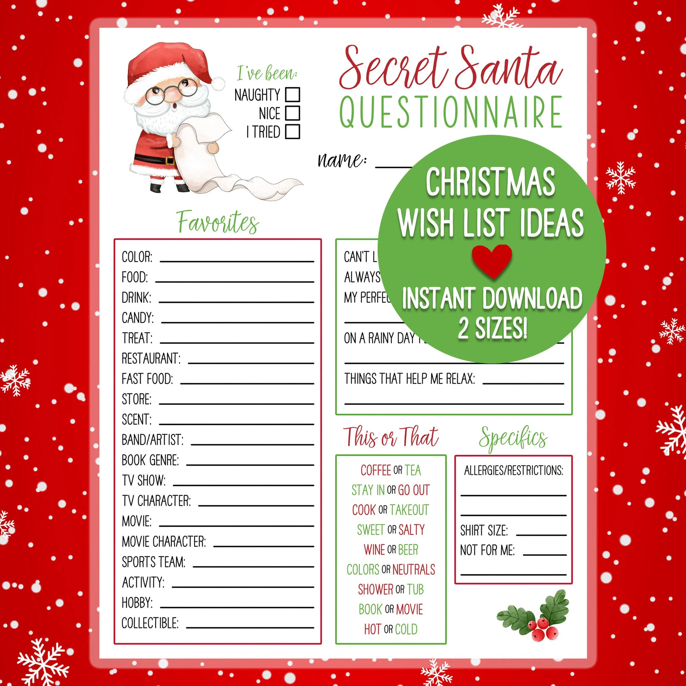 PRINTABLE Secret Santa Christmas Wish List Holiday Gift Exchange 