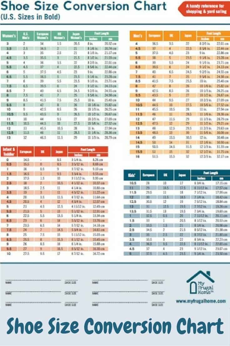 Printable Shoe Size Conversion Chart