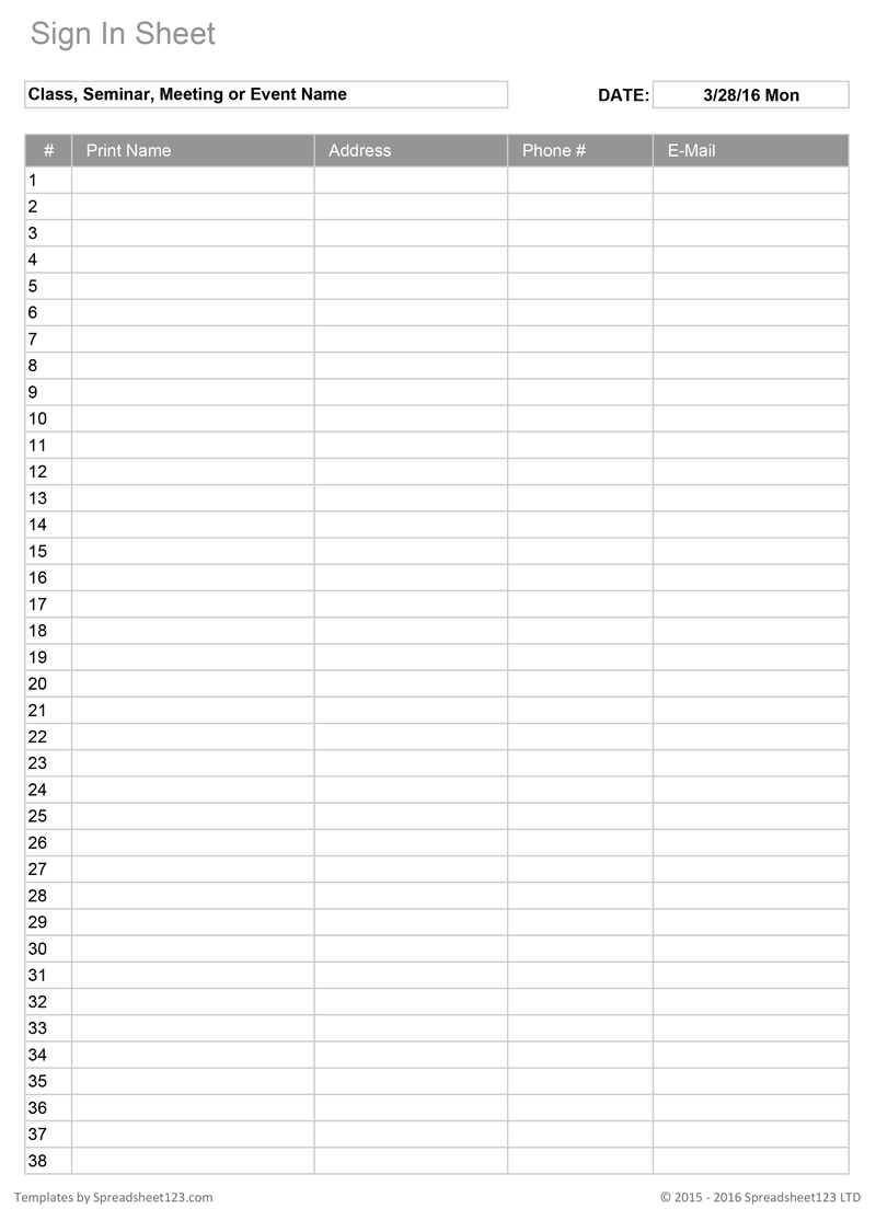 Printable Blank Signing In Sheet Template