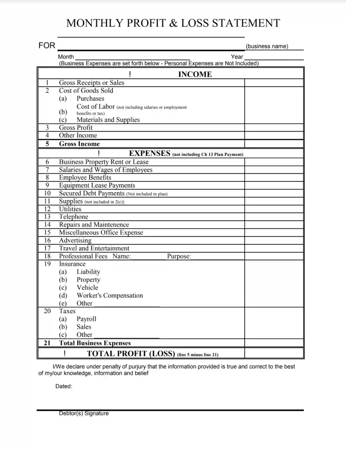 Printable Profit Loss Template