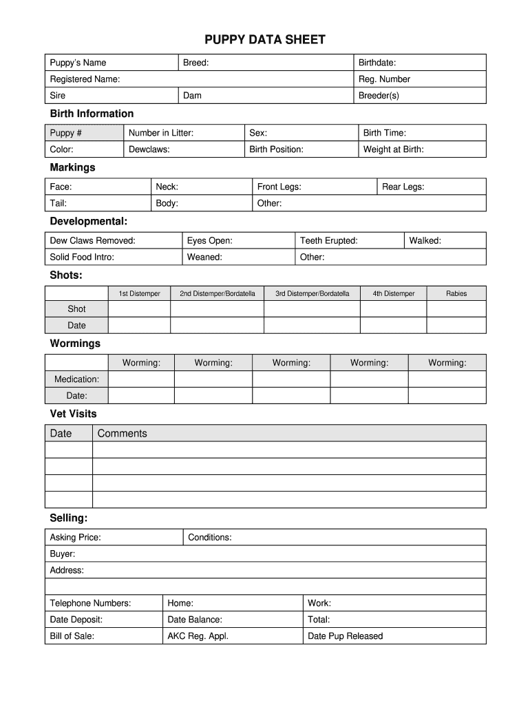 Puppy Data Sheet Form Fill Online Printable Fillable Blank 