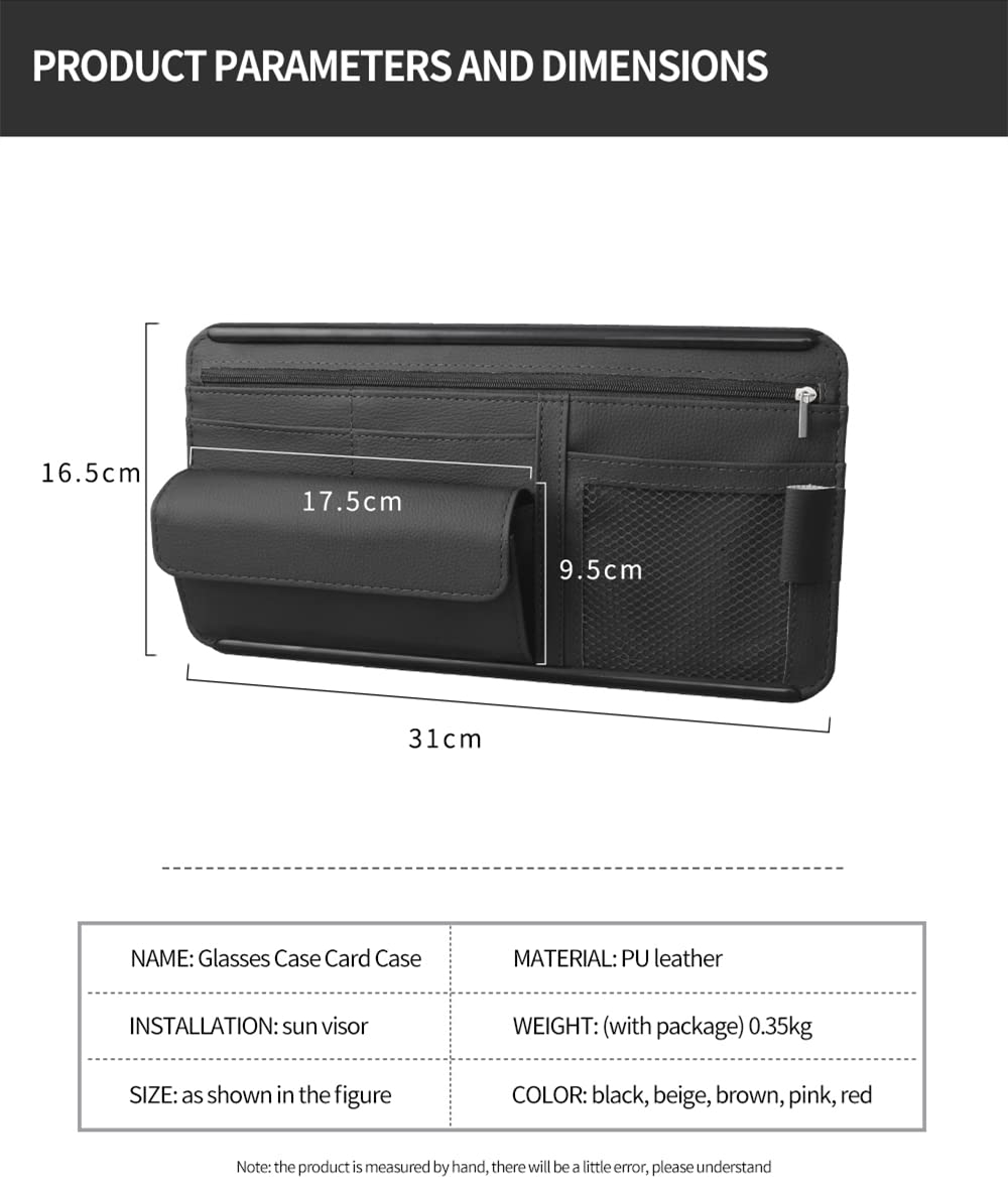 Qirc Qric Car Sun Visor Organizer Leather Storage Pocket Sun Visor Pouch For Cards License Registration Pen Glasses Document Fits Most Car SUV 
