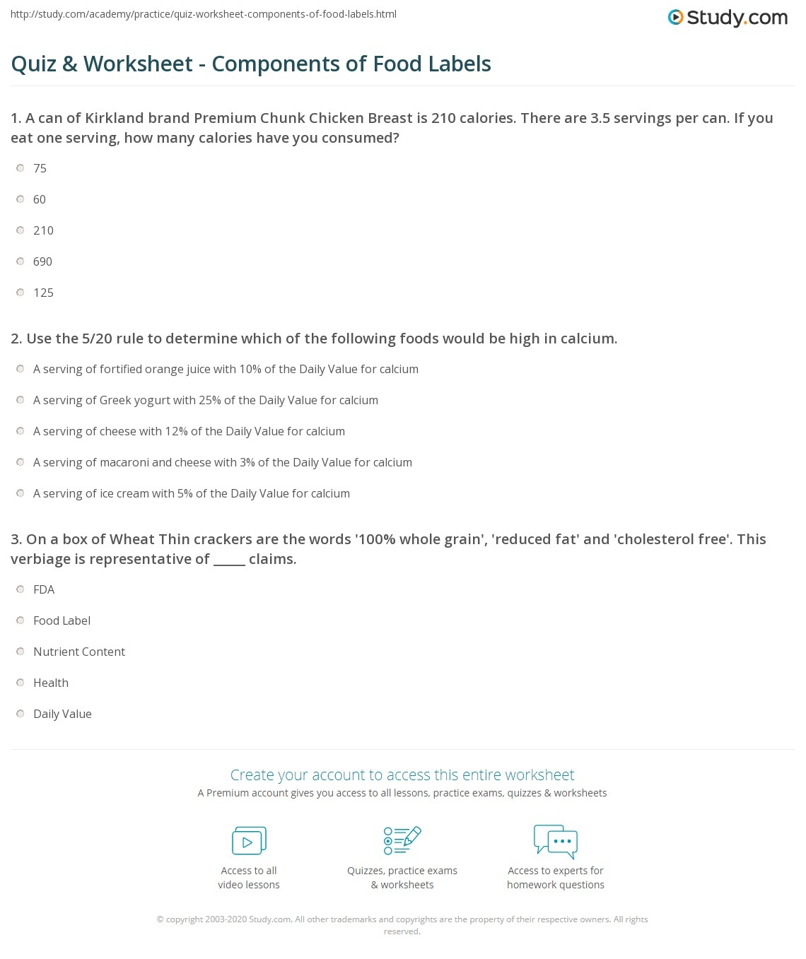 Quiz amp Worksheet Components Of Food Labels Study
