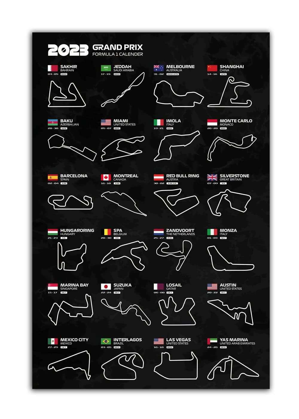 RAOWPAA Formula 1 Track Map Flag Poster F1 Racing 2023 Calendar 