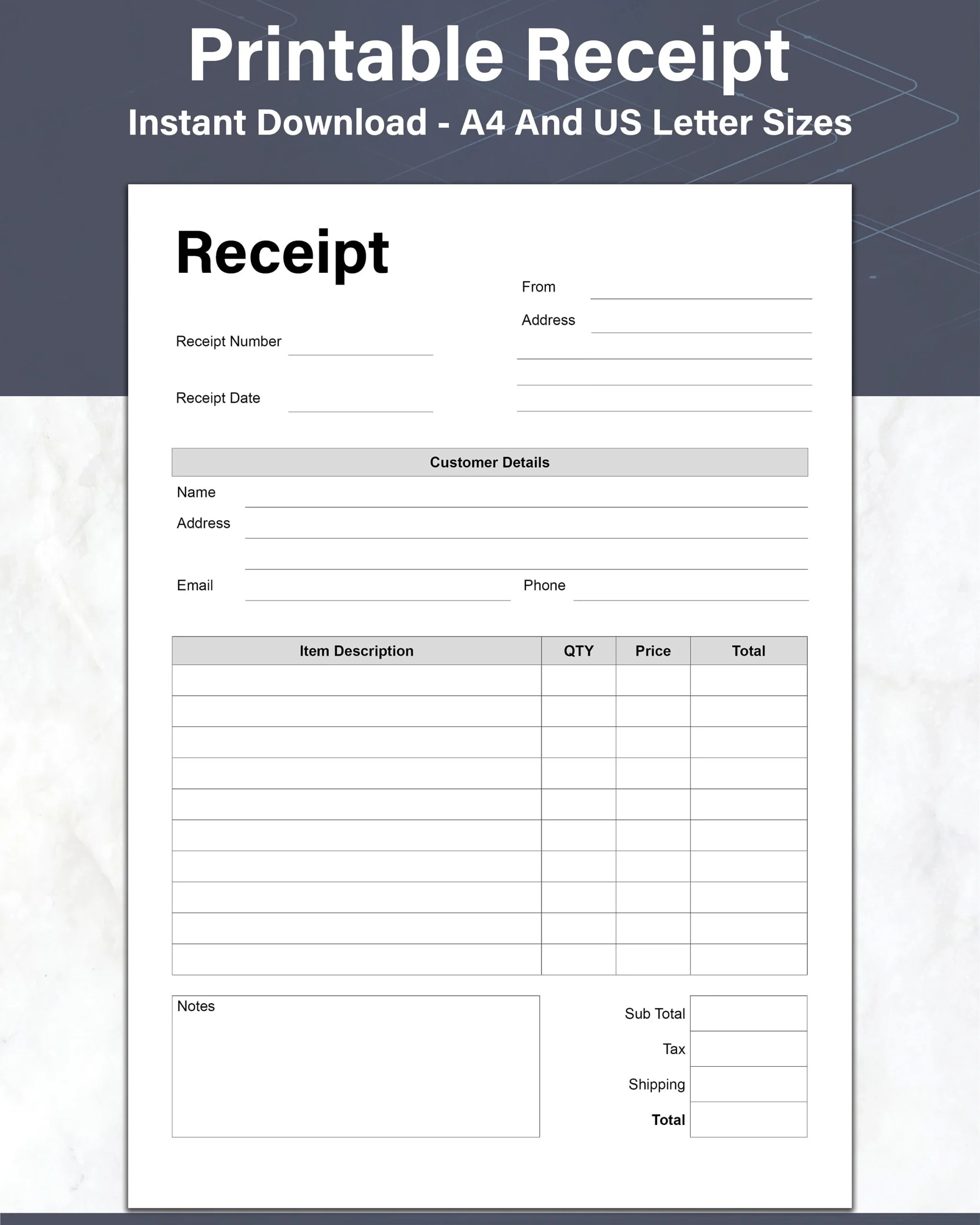 Receipt Template Printable Customer Order Receipt Small Business 