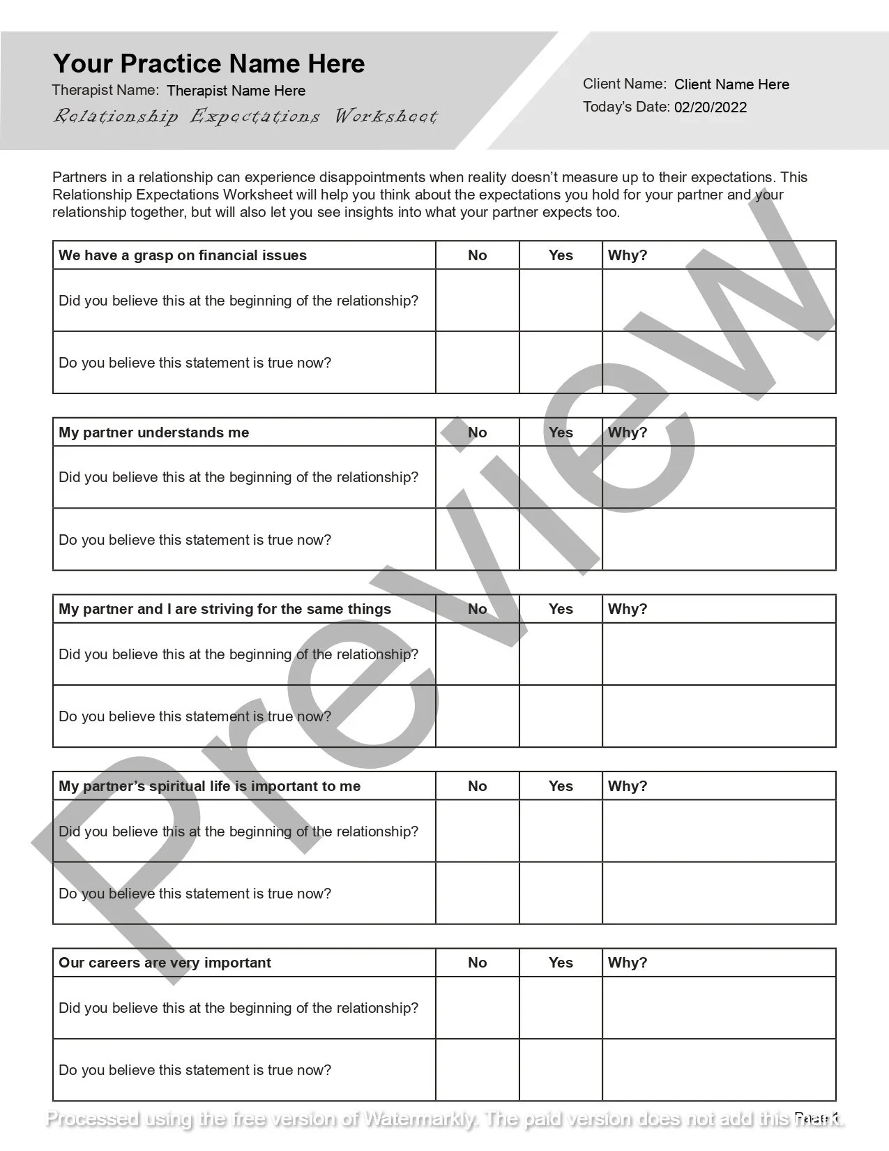 Relationship Expectations Worksheet Editable Fillable PDF 