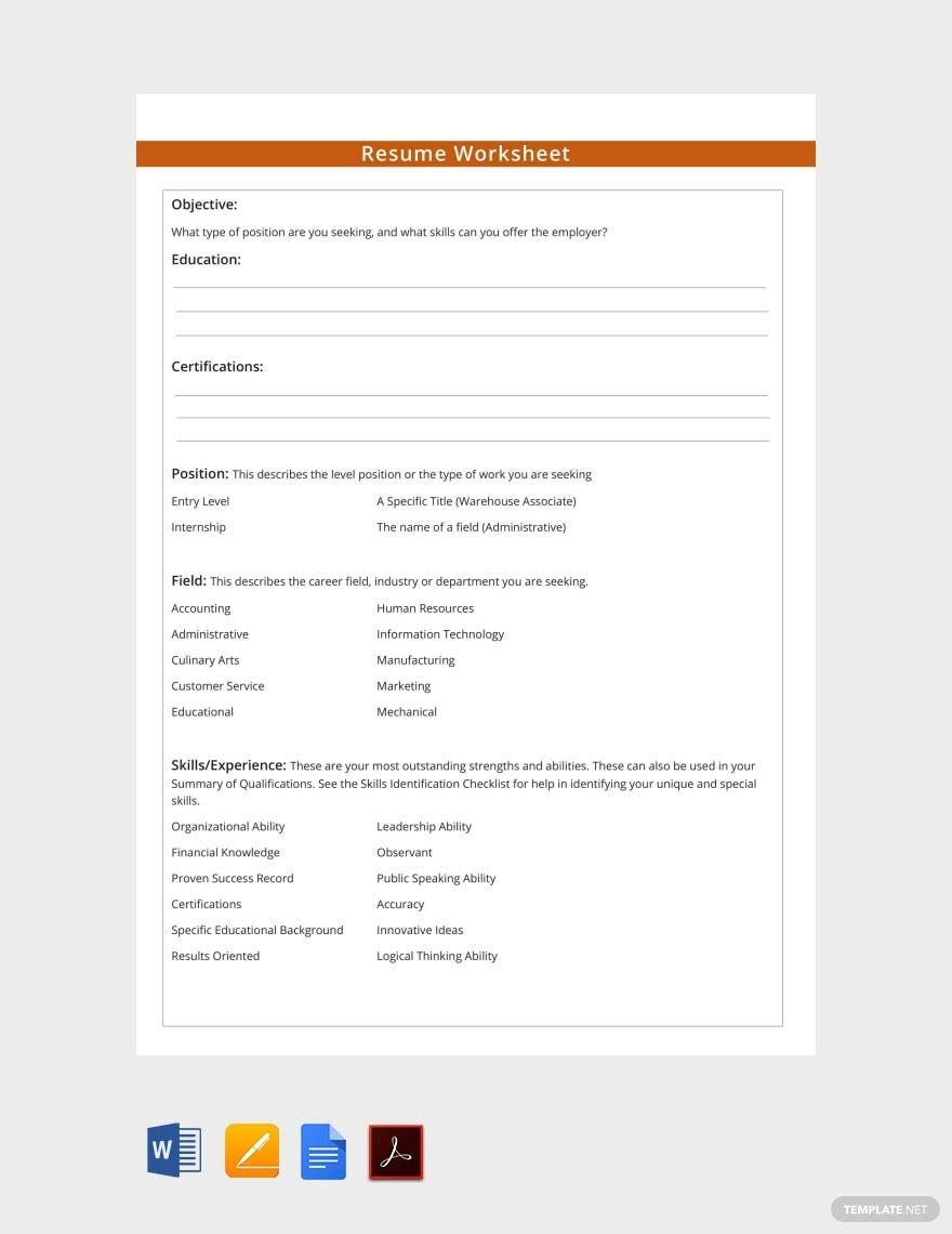 Printable Resume Worksheet Pdf