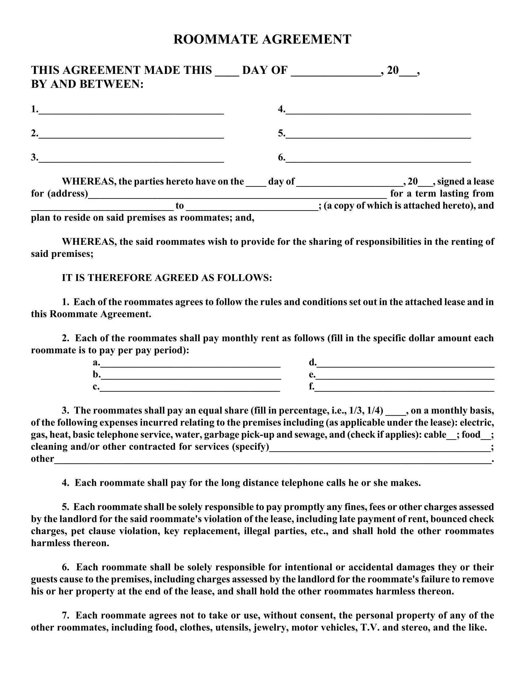 Roommate Agreement Form Fill Out Printable PDF Forms