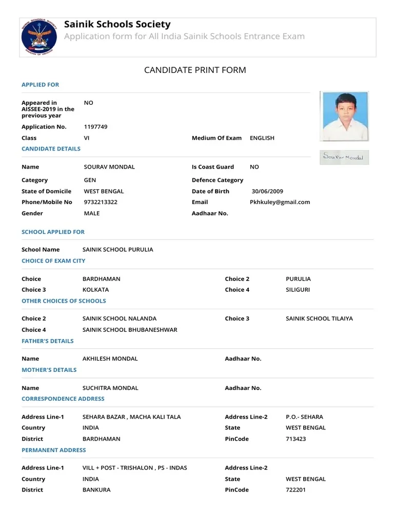 Sainik Schools Society Application Form For All India Sainik 