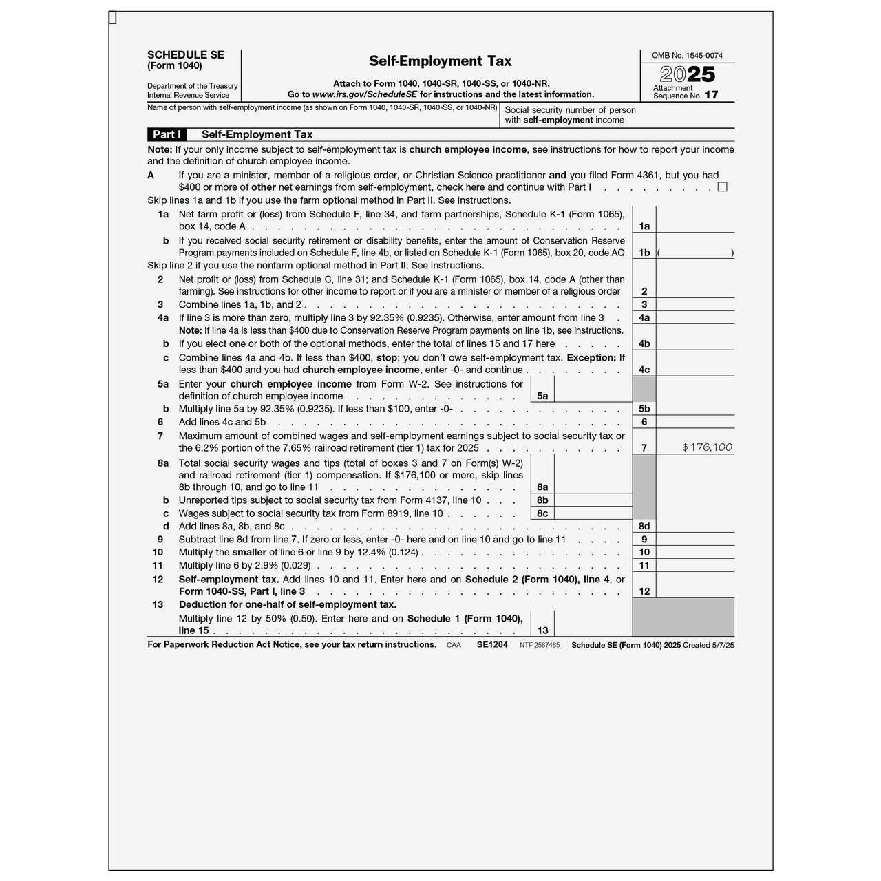 SE1204 Form 1040 Schedule SE Self Employment Tax Page 1 amp 2 