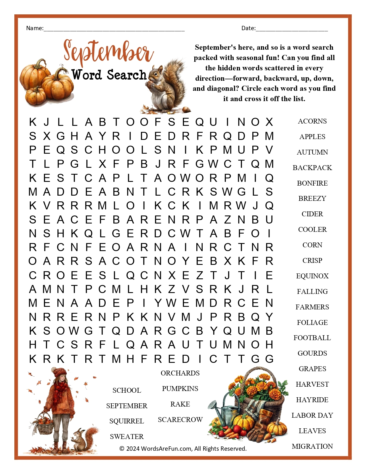 Printable Crossword Puzzles September