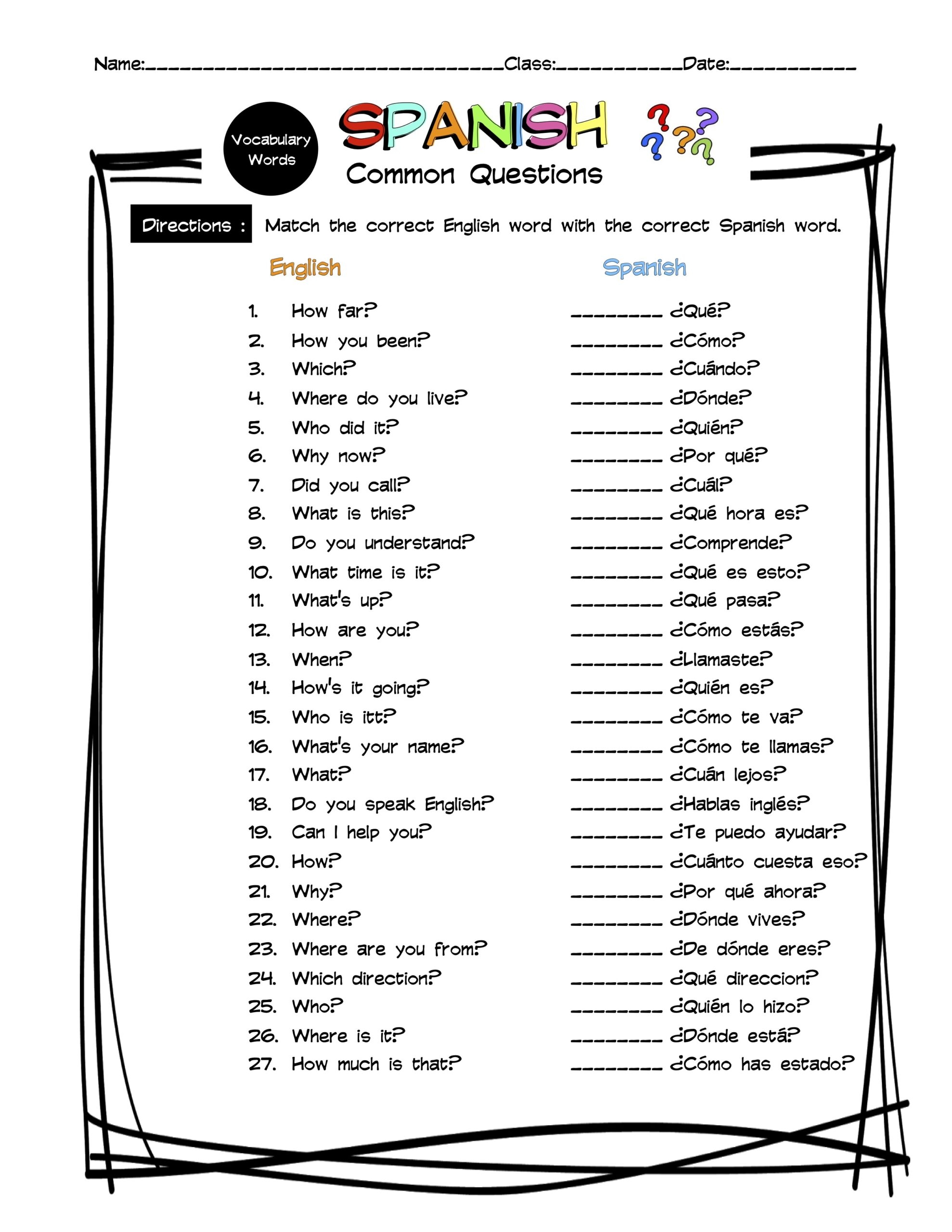 Spanish Common Questions Vocabulary Matching Worksheet amp Answer 