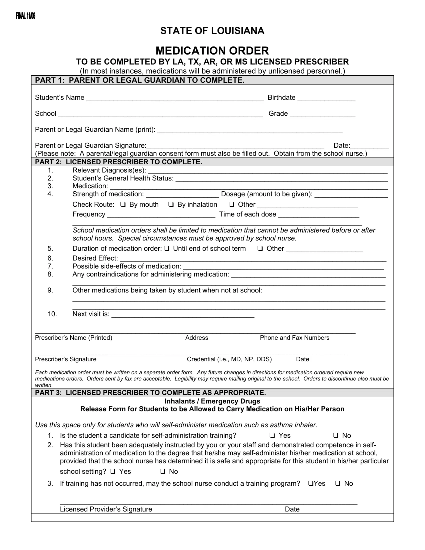 State Of Louisiana Medication Order PDF Form FormsPal