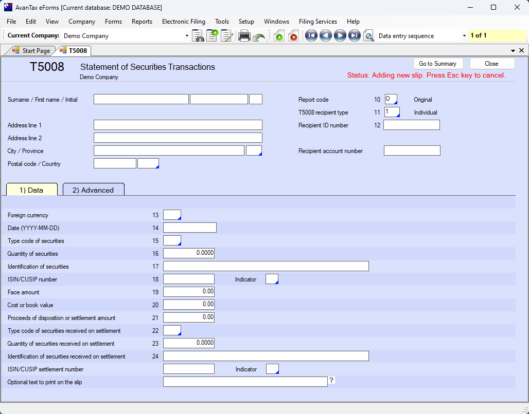 T5008 Statement Of Securities Transactions CRA AvanTax EForms