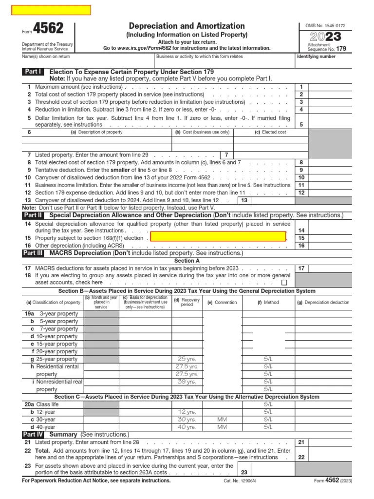 Tax Form 4562 PDF Depreciation Tax Deduction