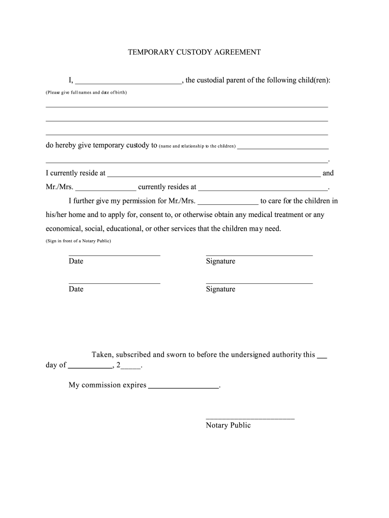Temporary Custody Agreement Form Fill Online Printable 