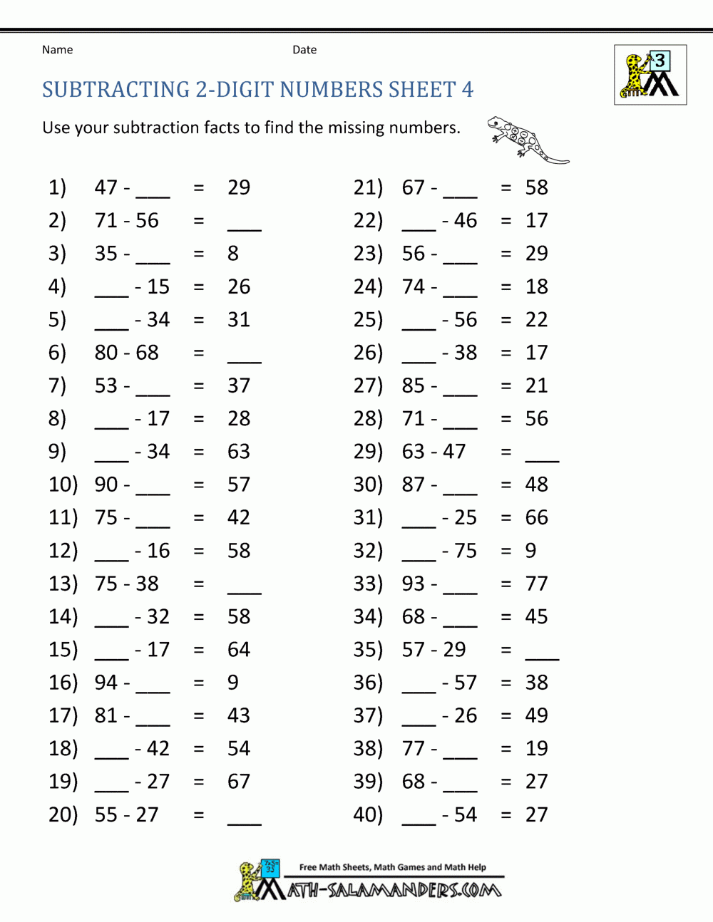 Printable Subtraction Worksheets 3rd Grade