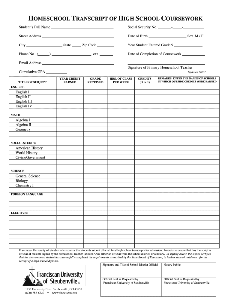 Printable Homeschool Transcript Template Pdf