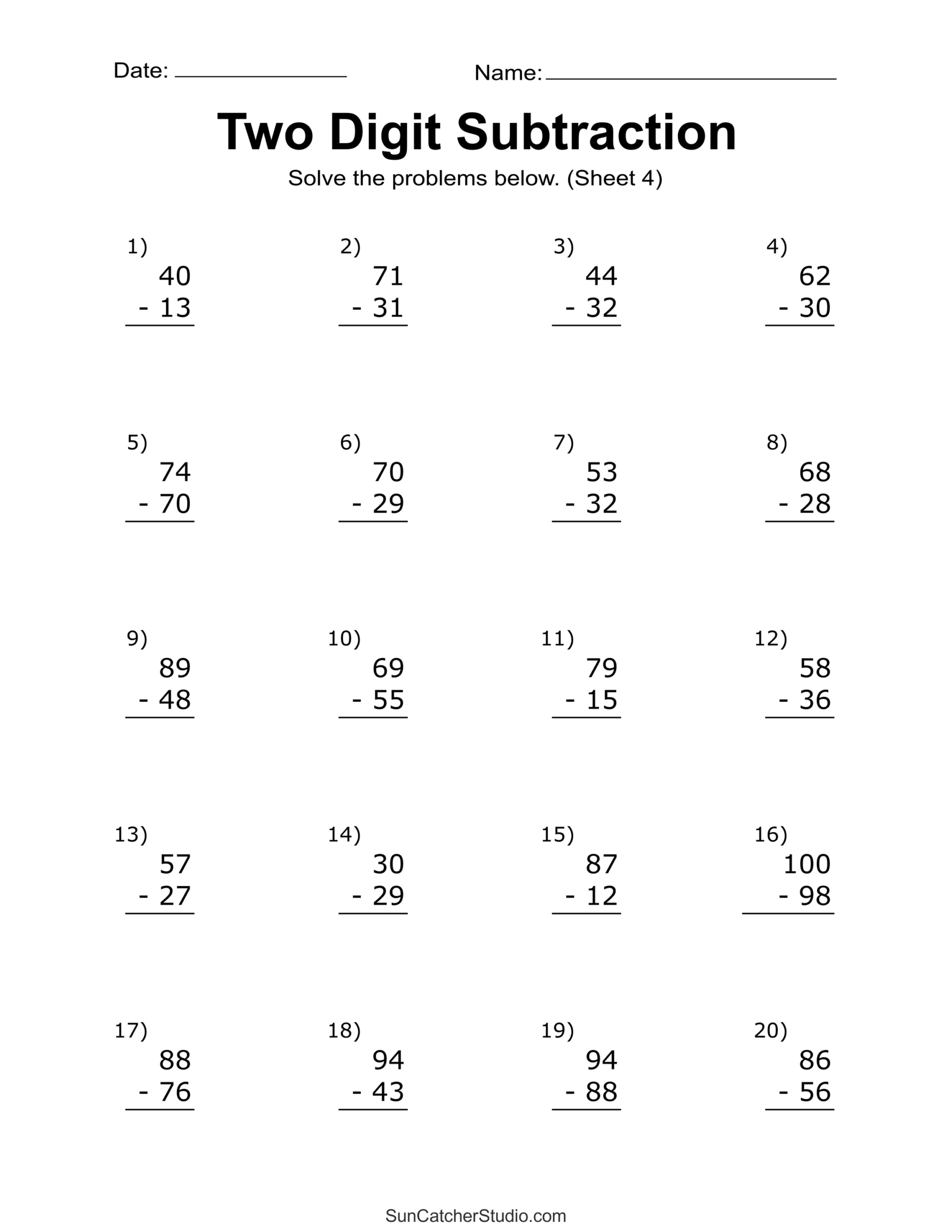 Free Printable Subtraction Worksheets