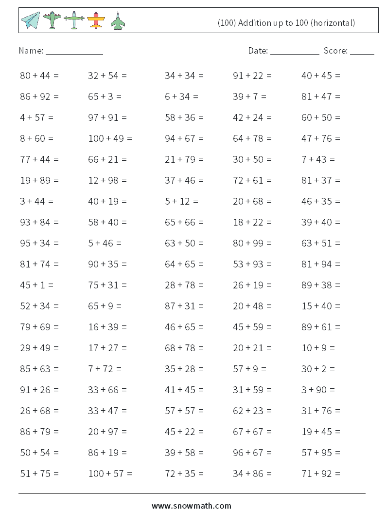 100 Math Facts Printable Worksheets