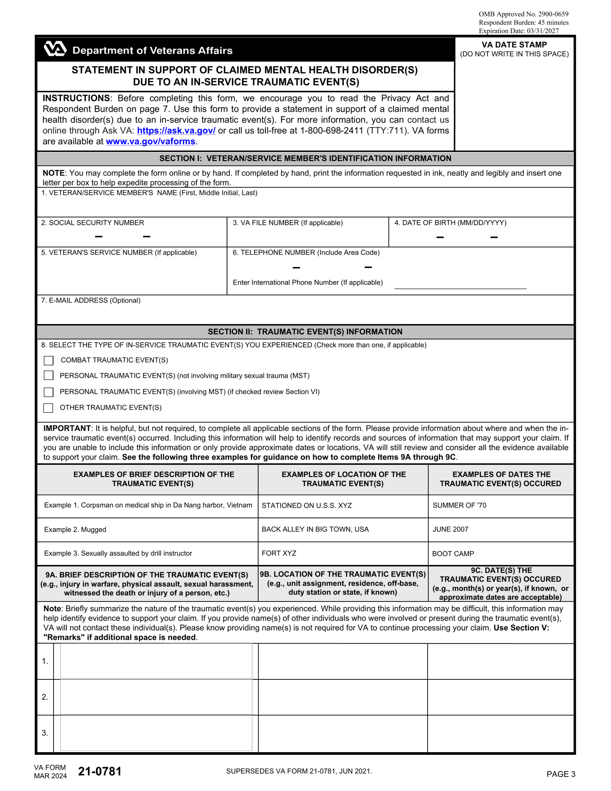 VA Form 21 0781 2024 2025 Fill And Edit Online PDF Guru
