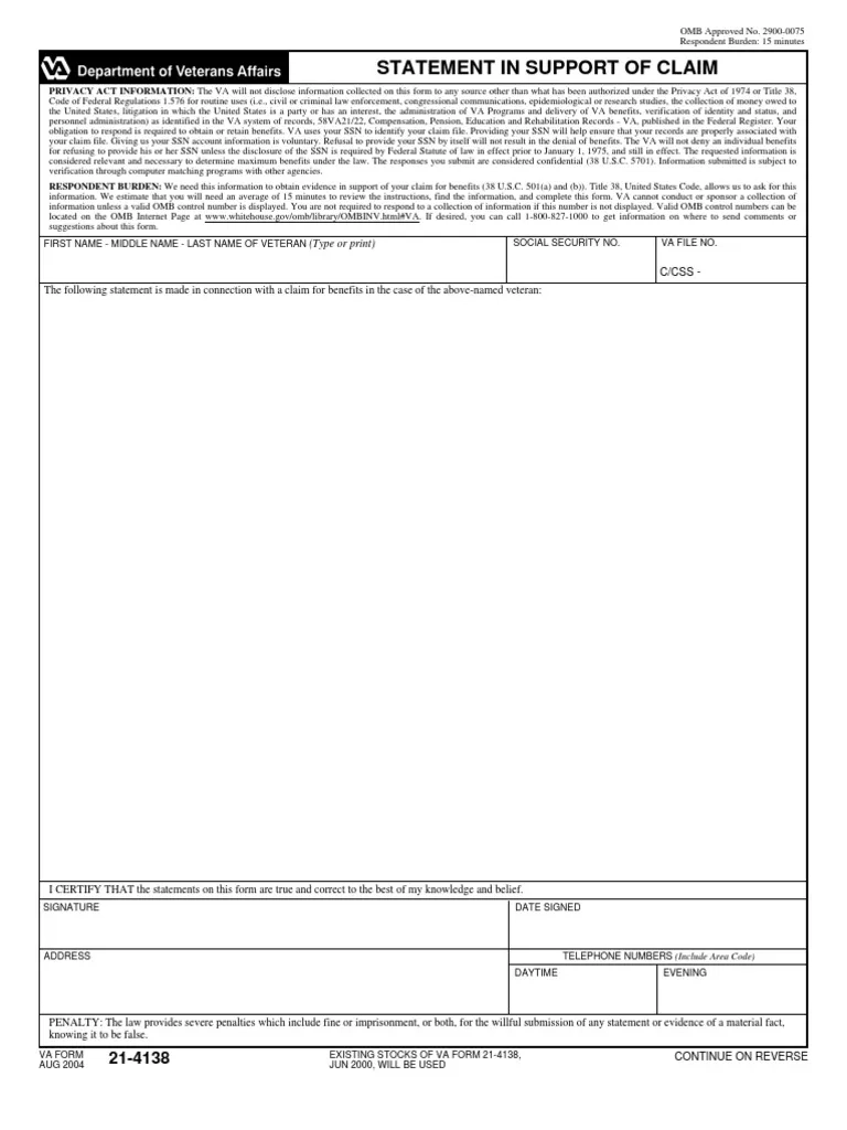 VA Form 21 4138 Aug 2004 PDF United States Code Social 