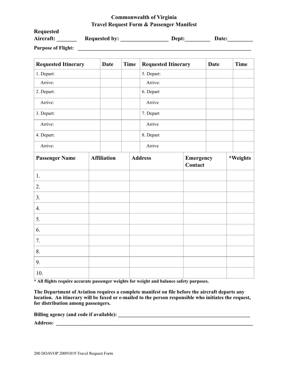 Virginia Travel Request Form amp Passenger Manifest Fill Out Sign 