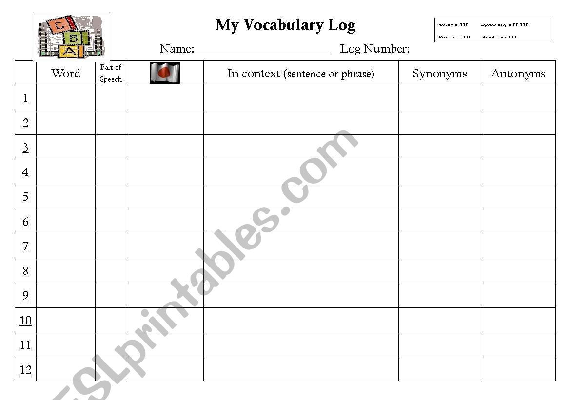 Vocabulary Log Sheet ESL Worksheet By Roberge