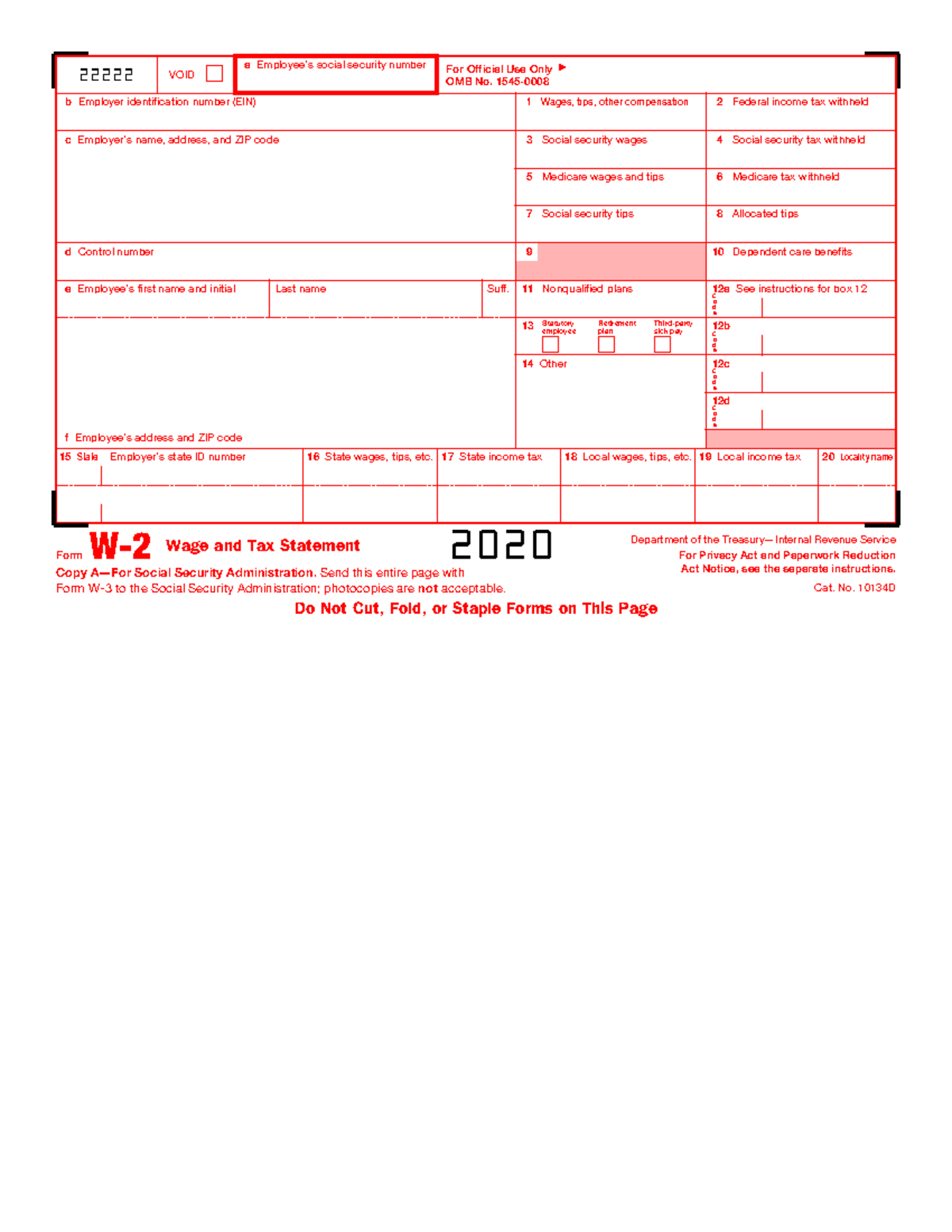 W2 Printable Form 2020 Instructions