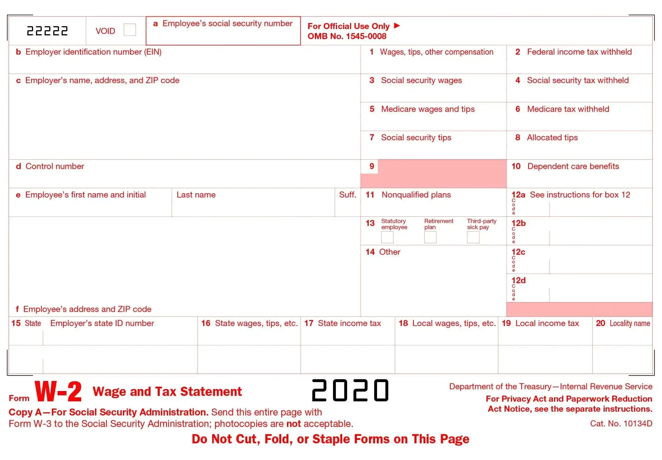W2 Printable Form 2020 Pdf