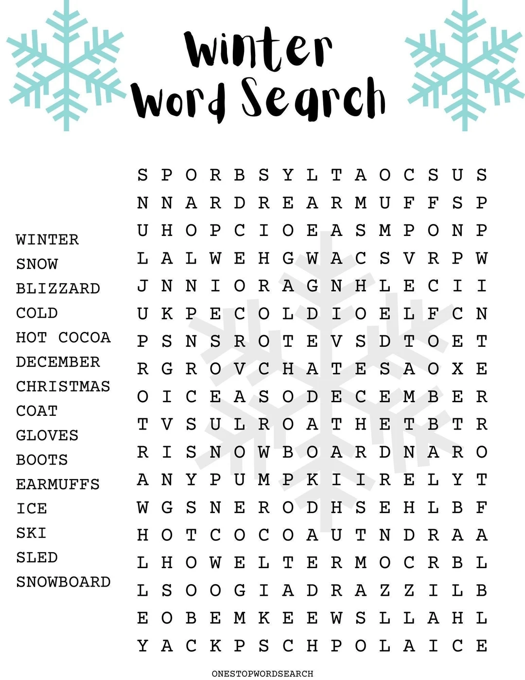Winter Word Search Puzzle With Answer Sheet Seasonal Puzzles 