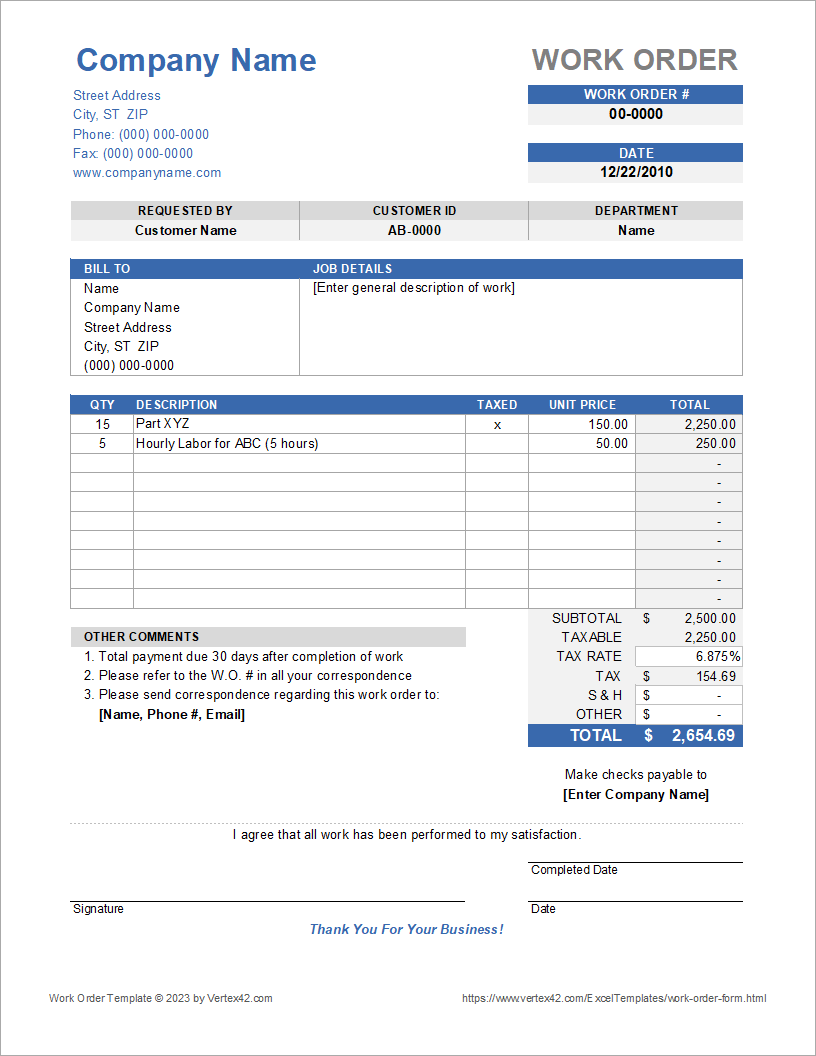Printable Maintenance Work Order Template