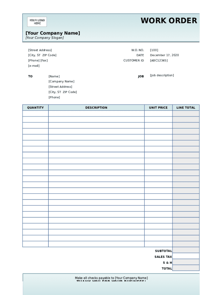 Work Order Template Form Fill Online Printable Fillable Blank 