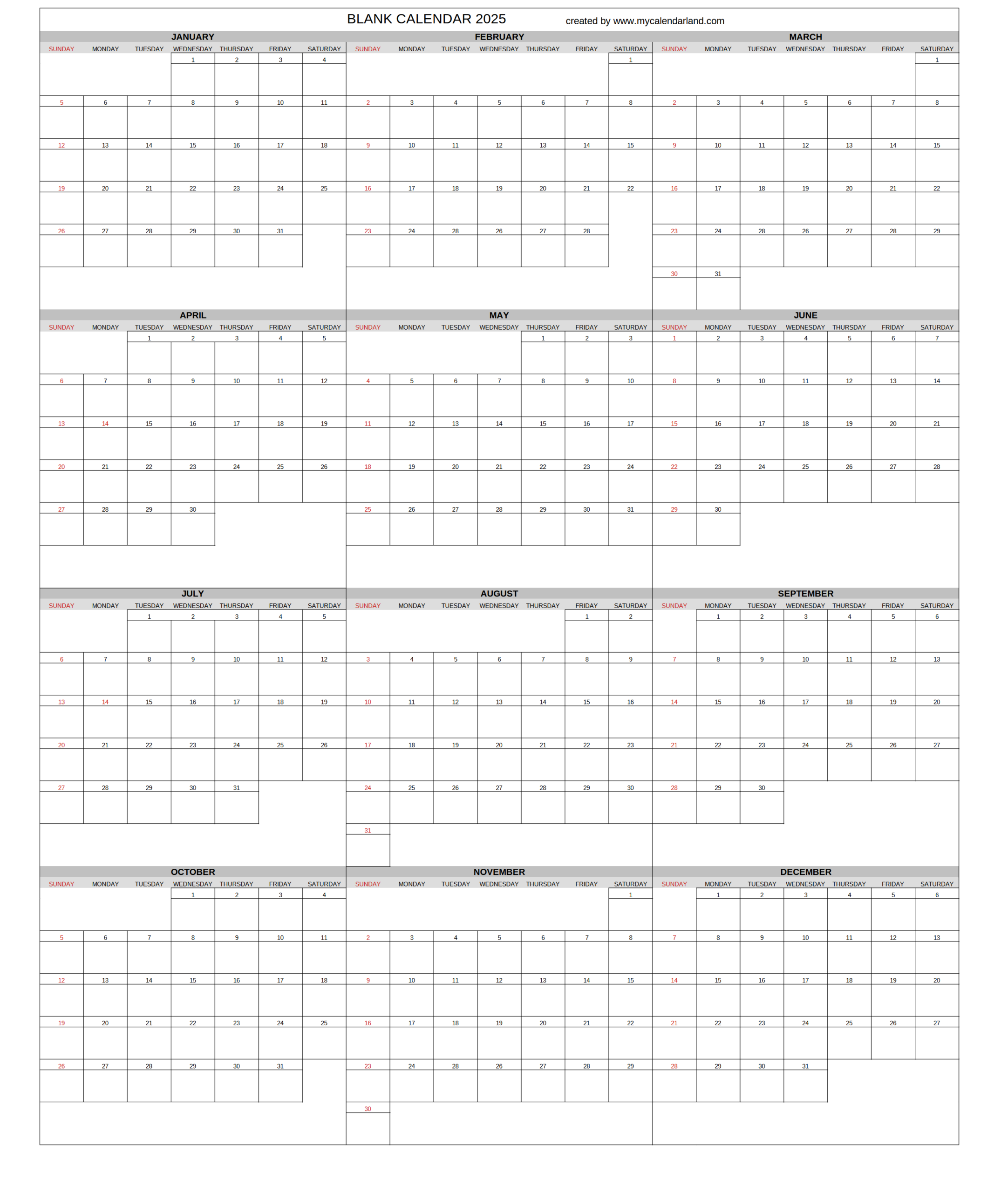 Free Printable Blank Yearly Calendar 2025