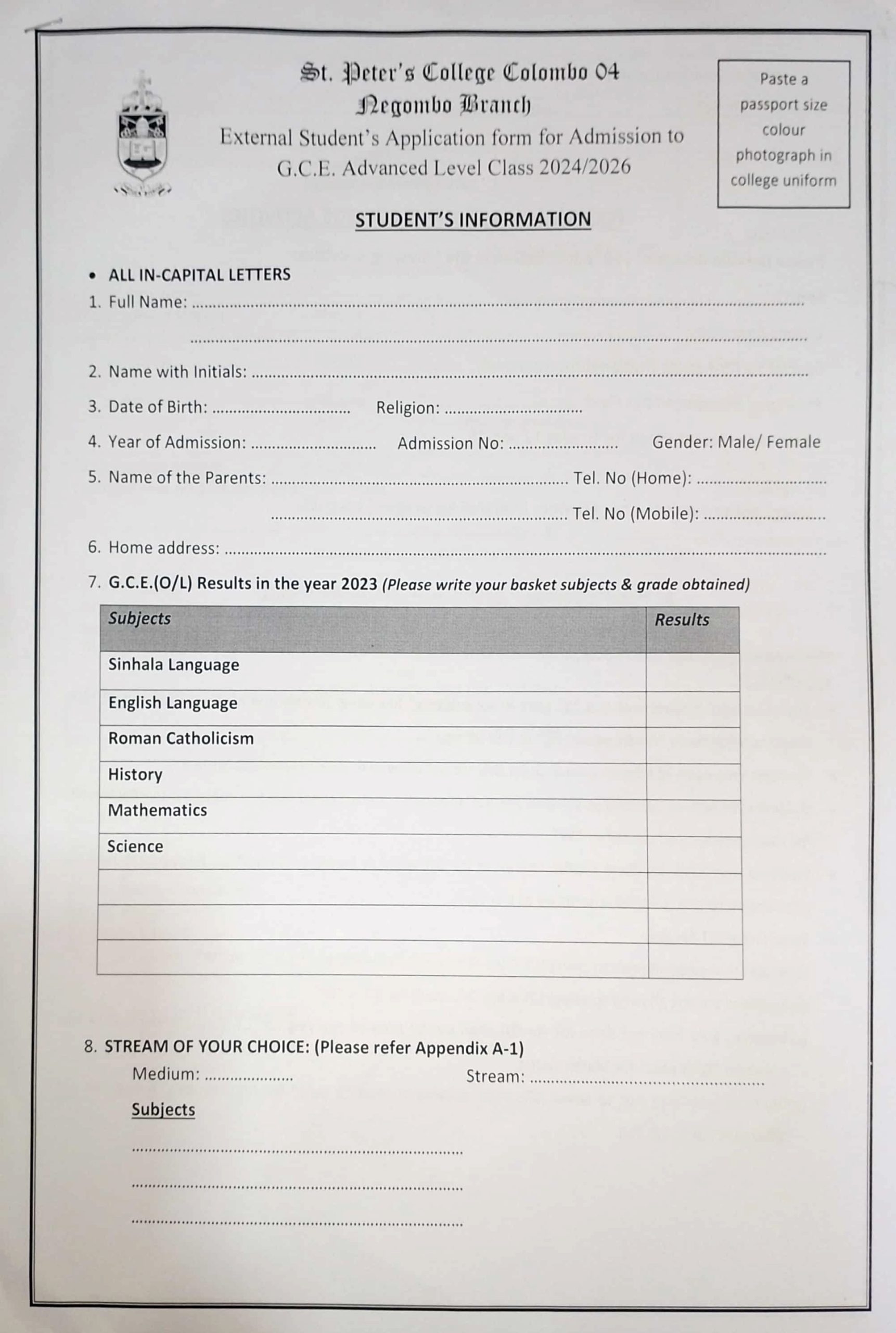 O Level Application Form 2025